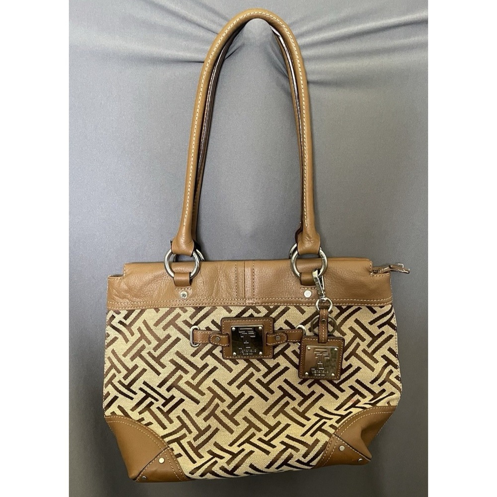 Tignanellow Shoulder Hand Bag Pebble Leather Trim Beige Brown Medium Size
